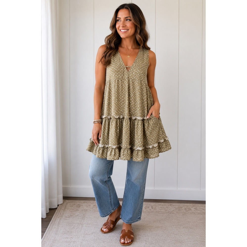 Millibon Polka Dot Tiered Ruffle Sleeveless Mini Dress or Tunic Size S Taupe